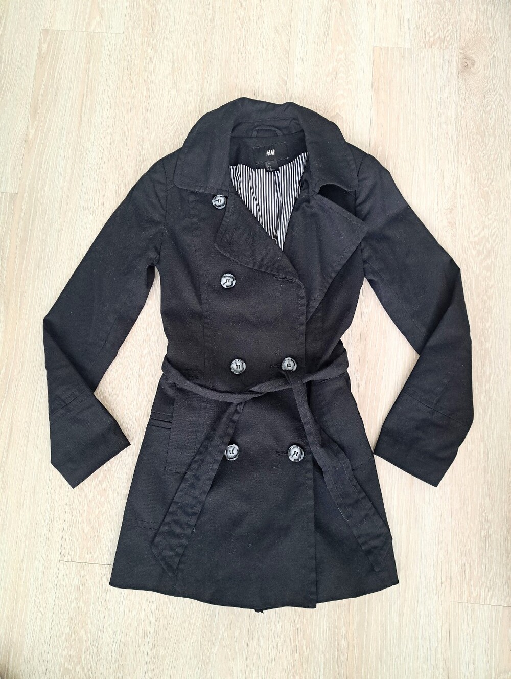 H&M Black Double-Breasted Belted Trench Coat Sz 4